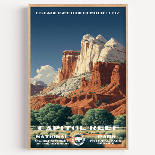 Capitol Reef National Park vintage travel poster in a wood frame, white and red sandstone domes rising above green orchards