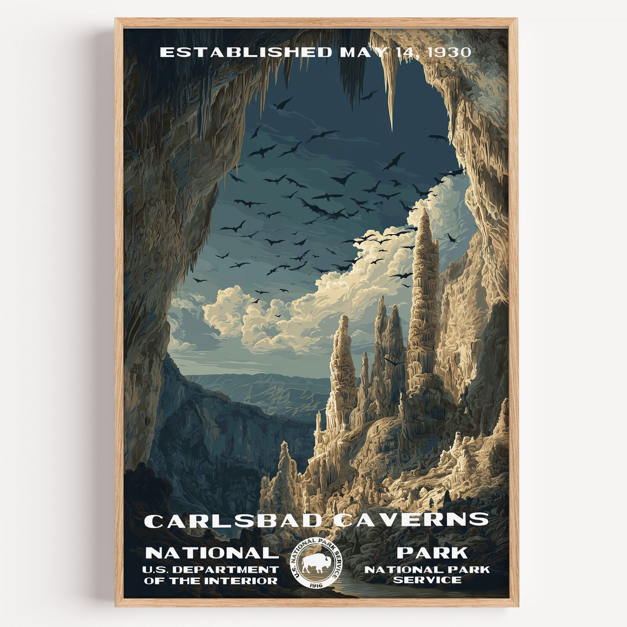 Carlsbad Caverns National Park vintage travel poster in a wood frame, bats streaming out of the cave mouth past hanging