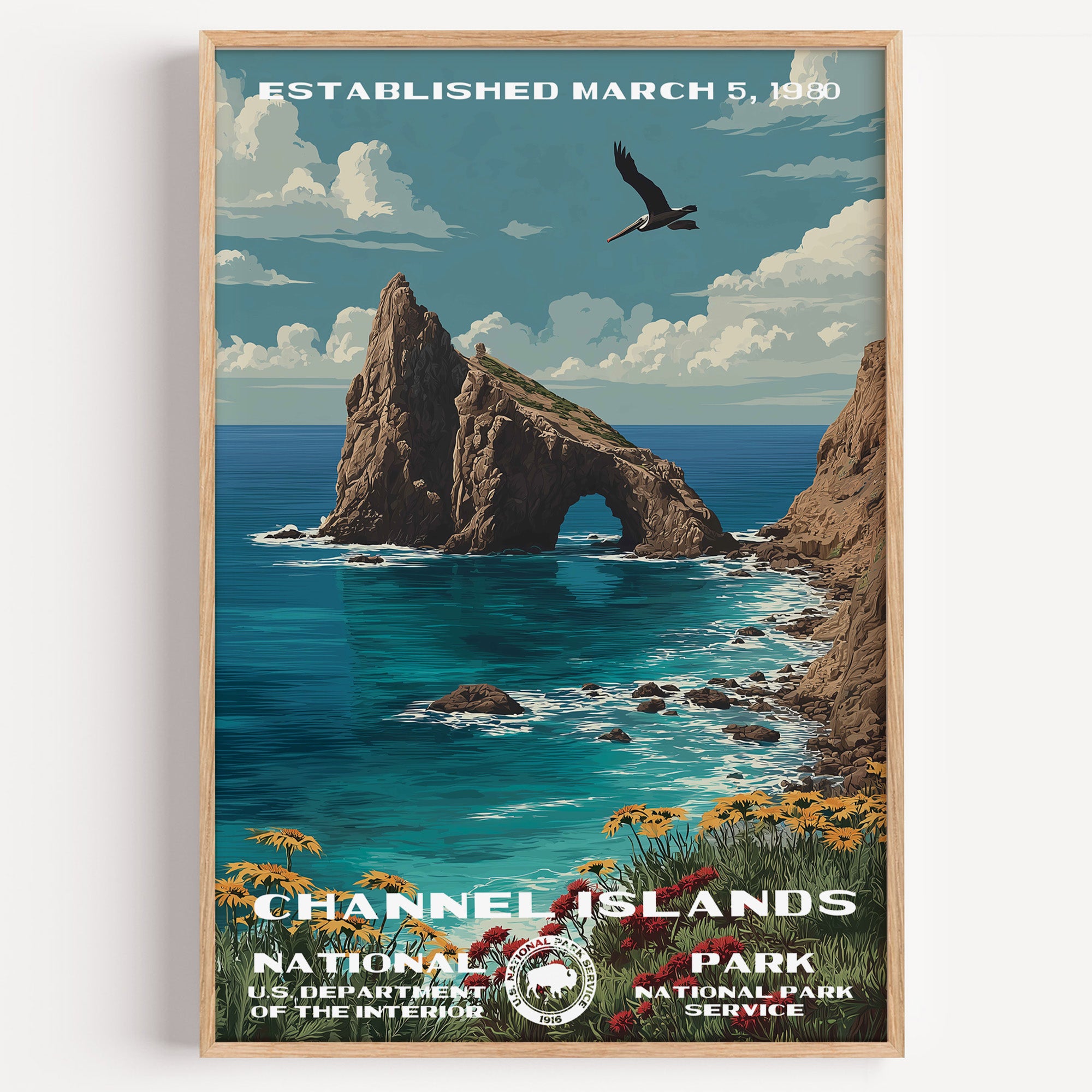 Channel Islands National Park vintage travel poster in a wood frame, Arch Rock and sea stacks in a turquoise channel