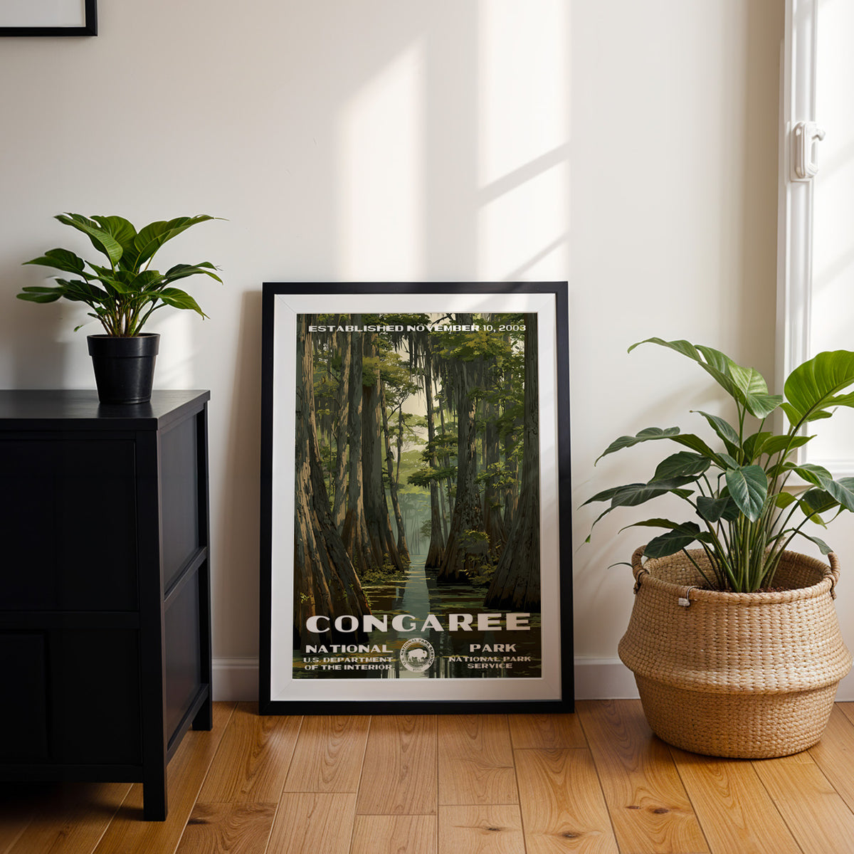 Congaree National Park travel poster in a black frame leaning by a dark cabinet and plants