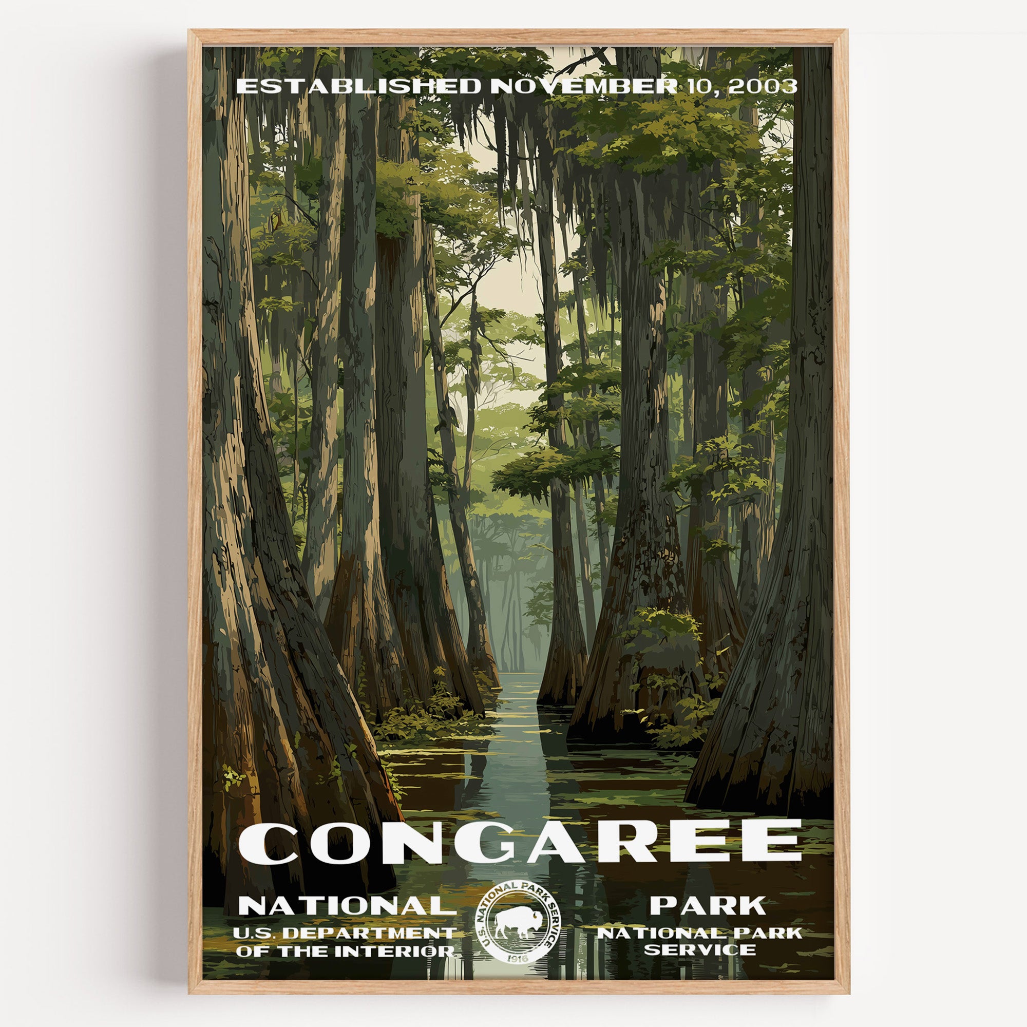 Congaree National Park vintage travel poster in a wood frame, a still black-water slough running between tall bald cypress