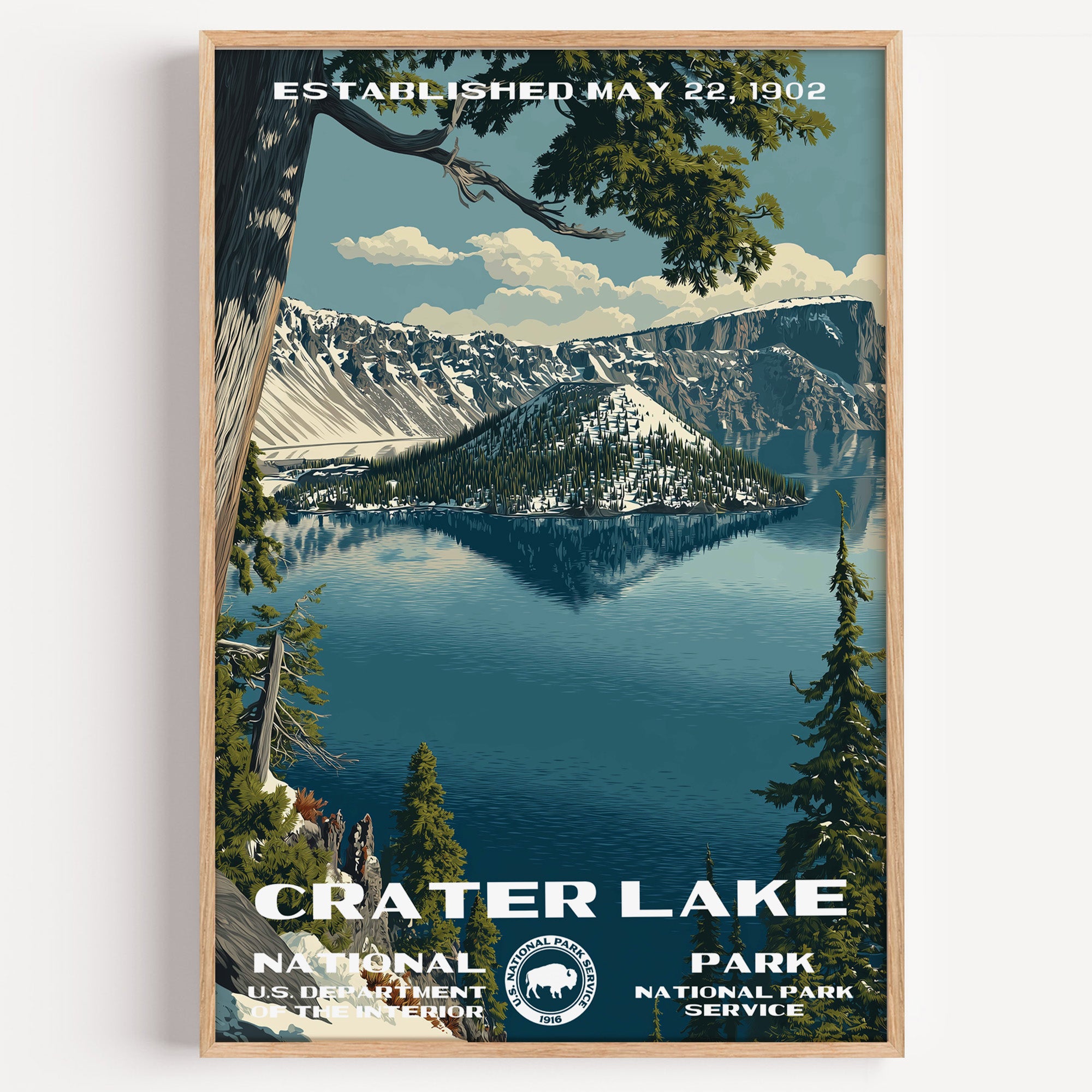 Crater Lake National Park vintage travel poster in a wood frame, Wizard Island in the deep blue caldera, framed by pines
