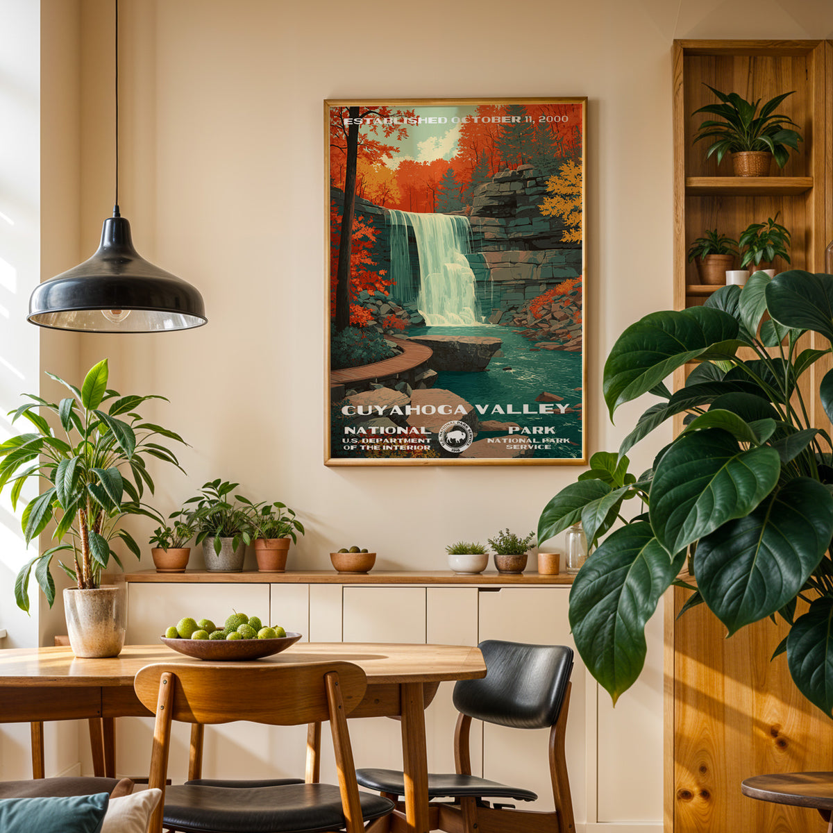 Cuyahoga Valley National Park retro poster hung above a dining table under a black pendant lamp