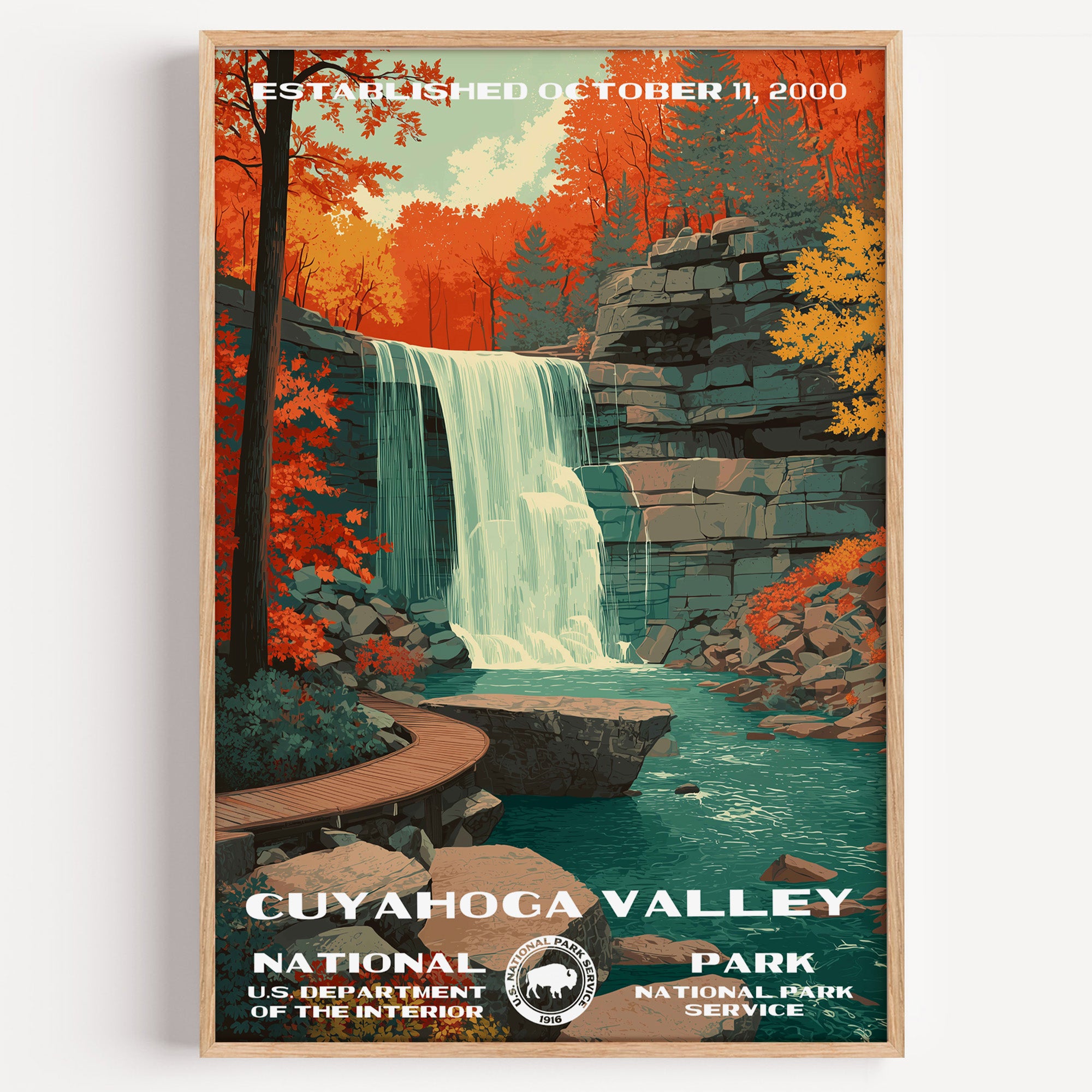 Cuyahoga Valley National Park vintage travel poster in a wood frame, Brandywine Falls surrounded by blazing orange autumn