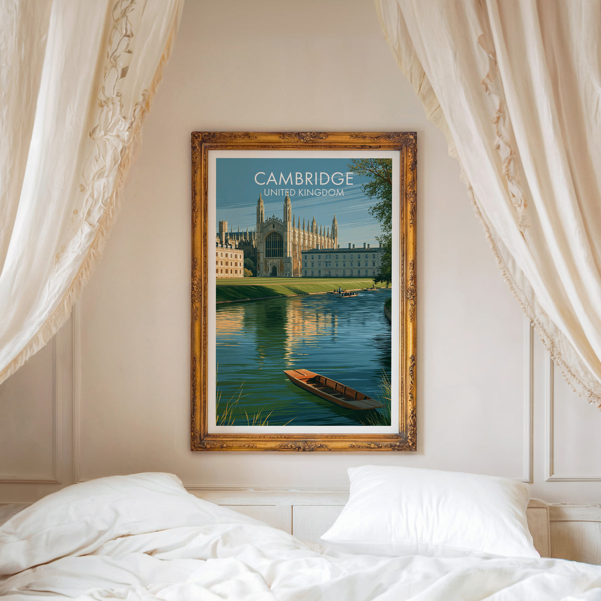 Cambridge travel poster, ornate gold frame above a white bed with linen canopy curtains