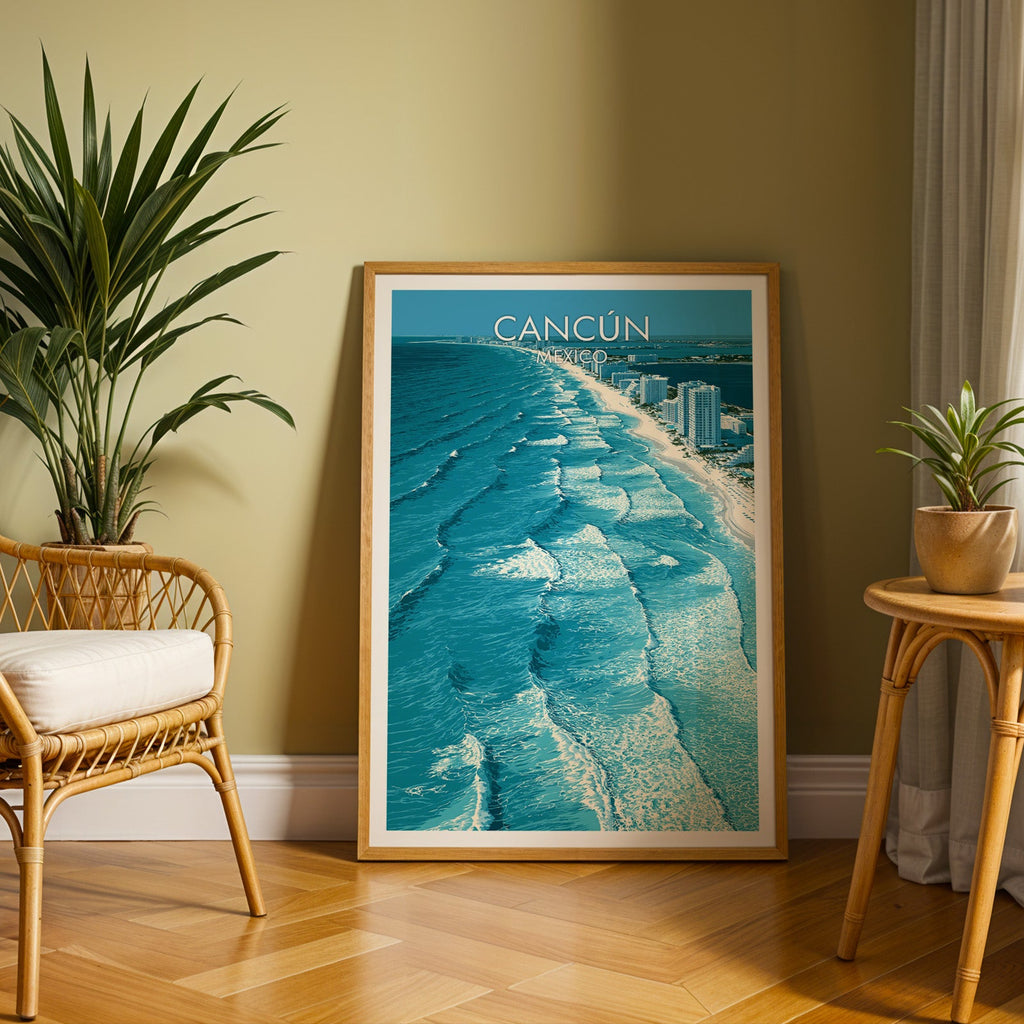 Mexico beach poster in an oak frame leaning on herringbone parquet, olive wall, rattan chair and cane table.
