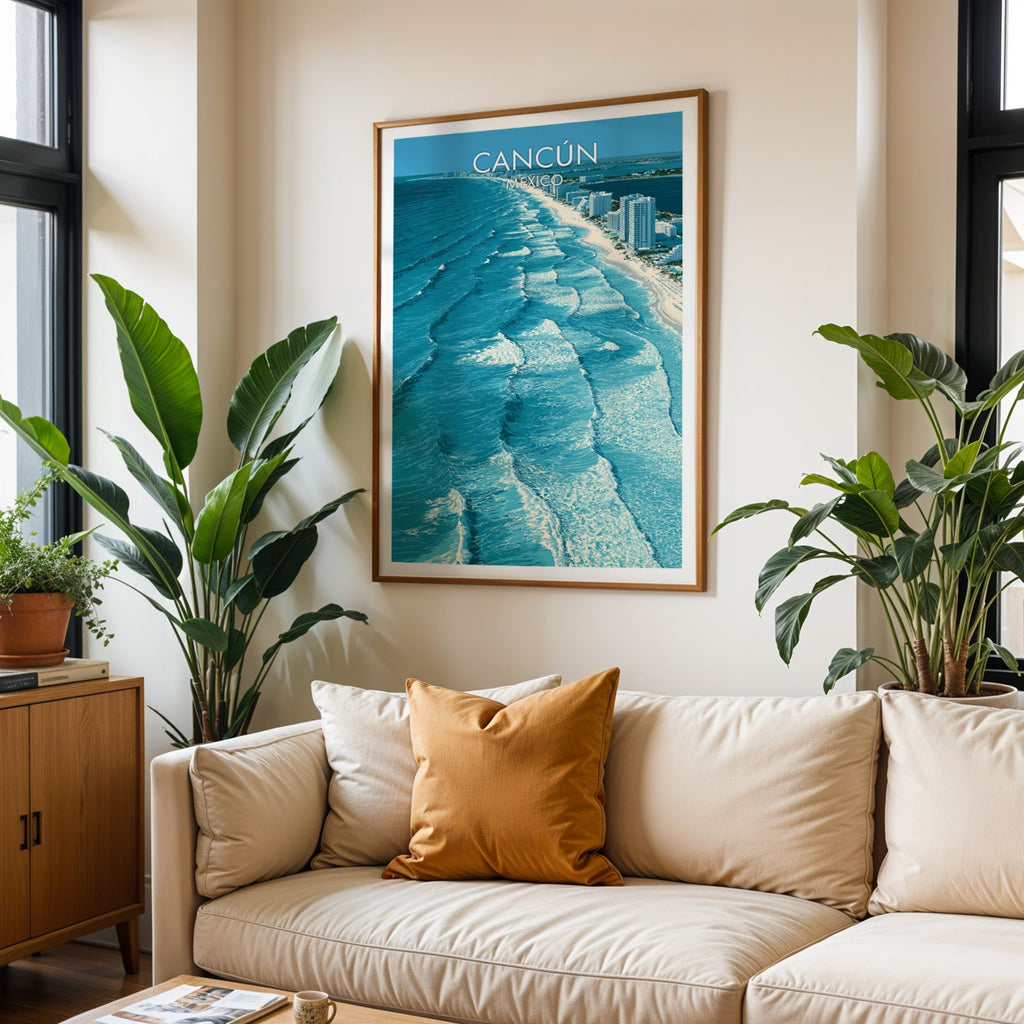 Cancun hotel zone from the air, oak frame above a cream sofa with a burnt-orange cushion and tall plants.