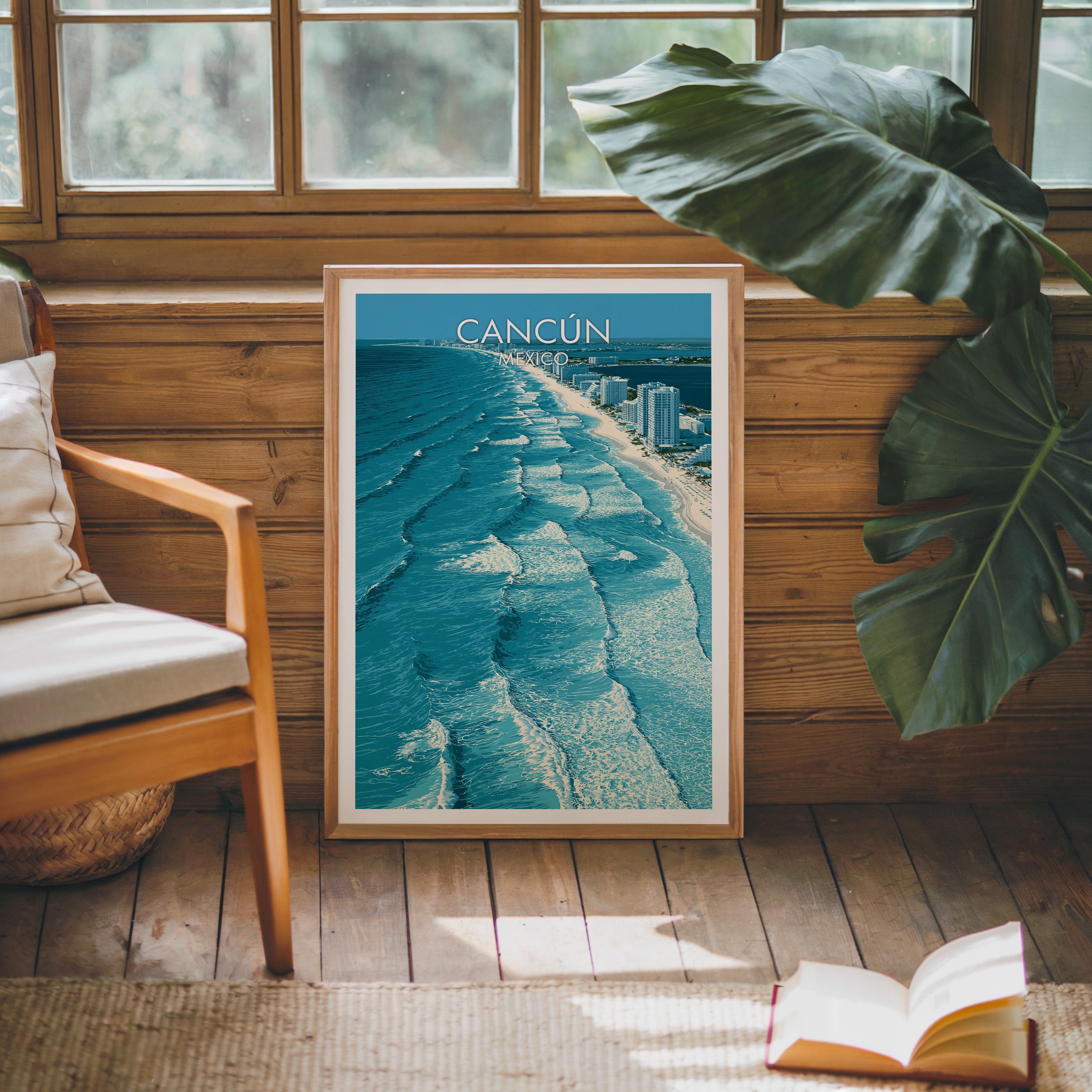 Caribbean surf artwork in an oak frame on a pine cabin wall, wooden armchair, monstera leaf and jute rug.