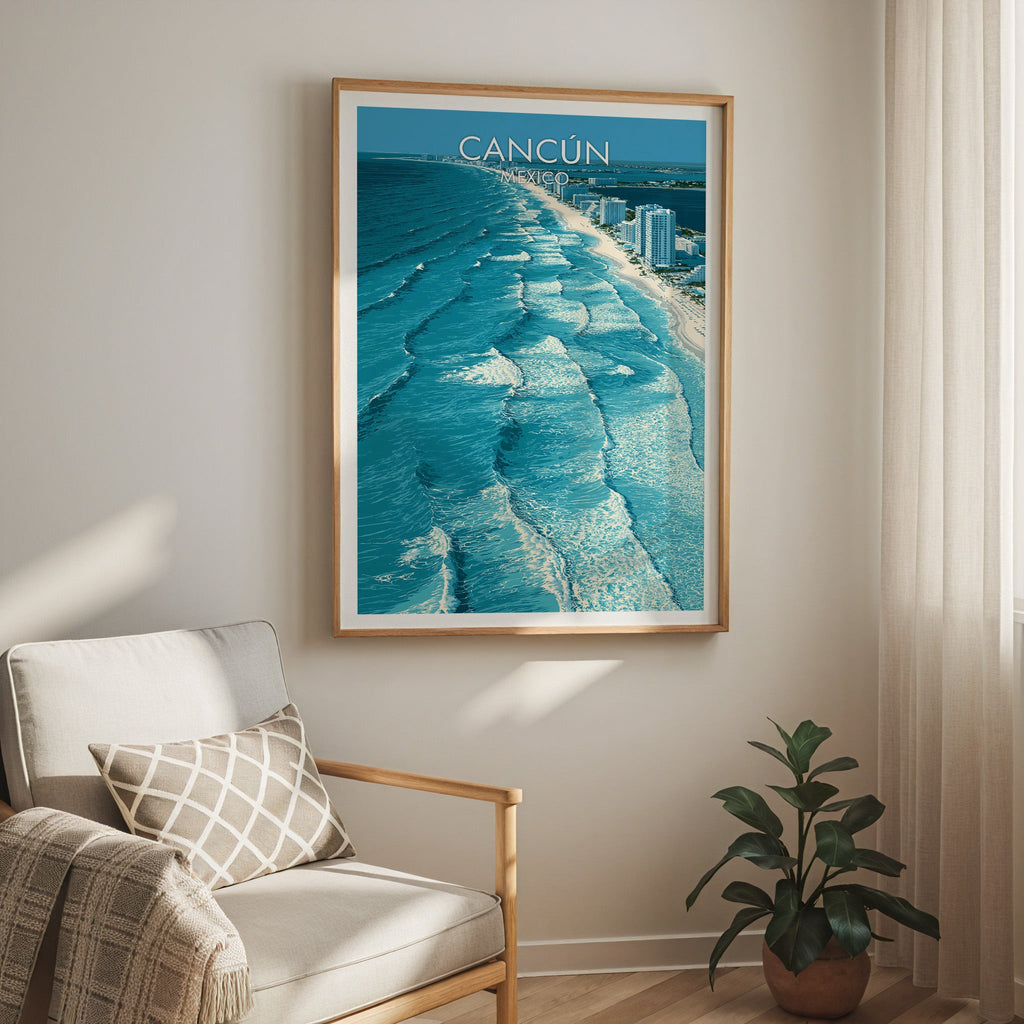 Teal wave bands seen from above, oak frame over a cream armchair with a check cushion and a sheer curtain.