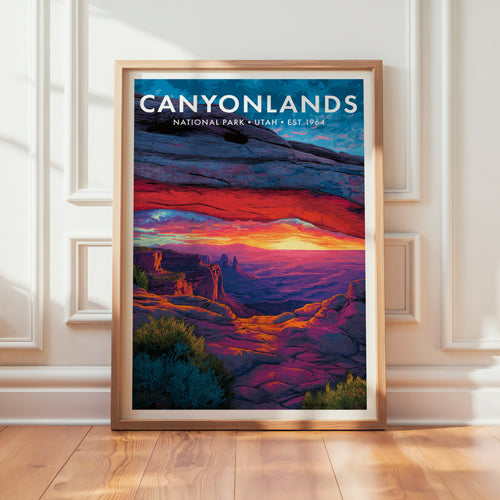 Canyonlands National Park mid-century modern art print in a light oak frame leaning against a panelled white wall on a warm wood floor