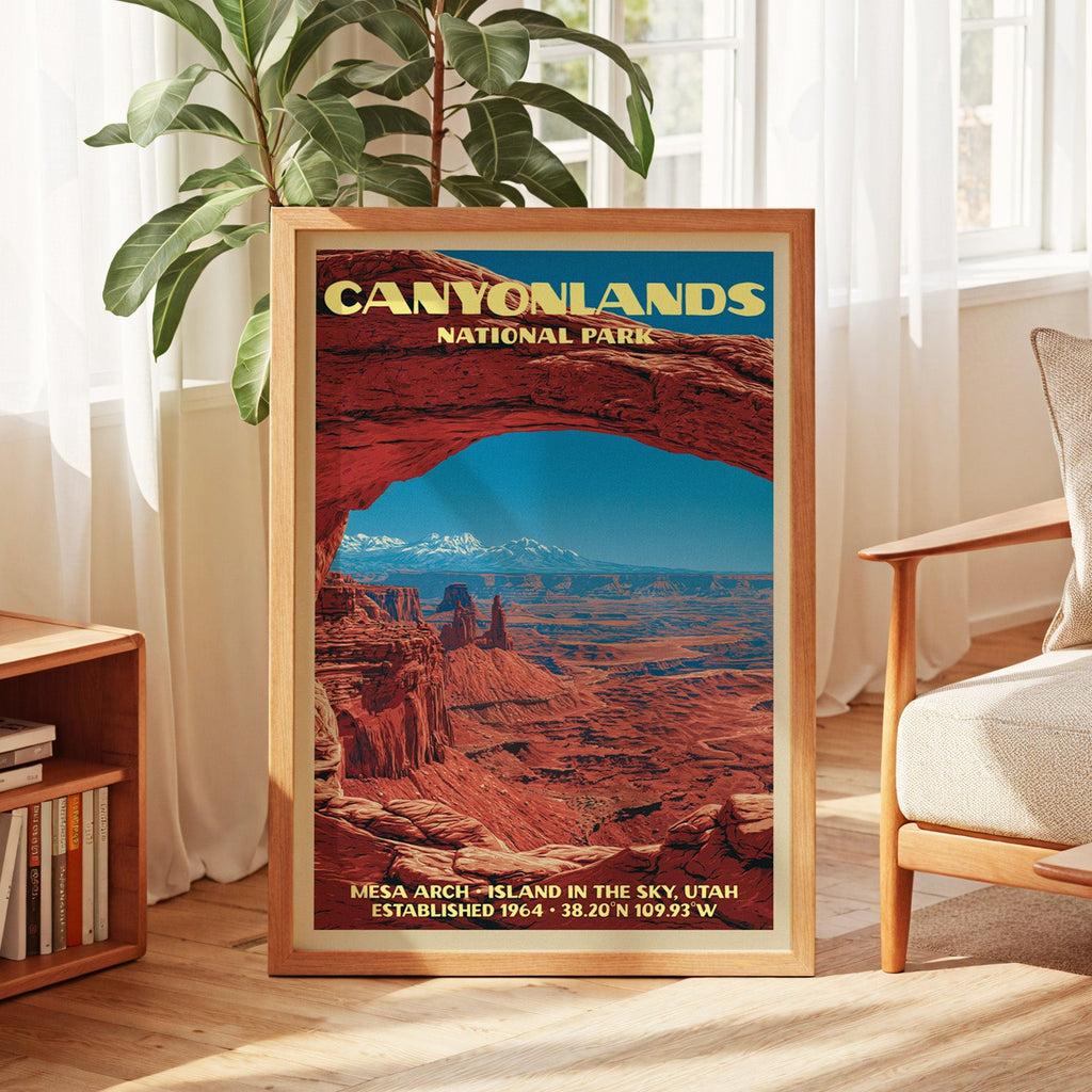 Canyonlands vintage poster in oak, leaning by a sunlit window with sheer curtains and a low bookshelf