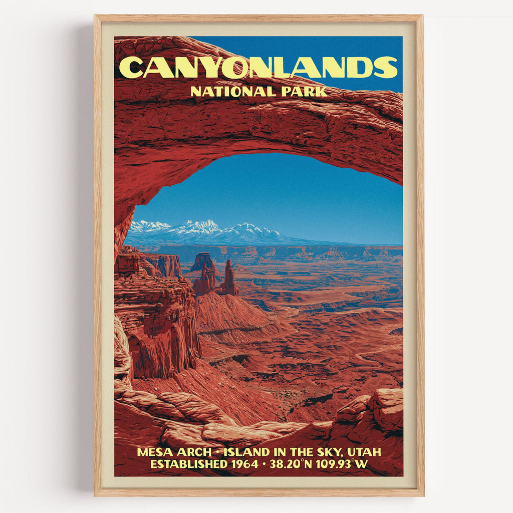 Mesa Arch Canyonlands National Park vintage poster in a light oak frame on a plain white wall