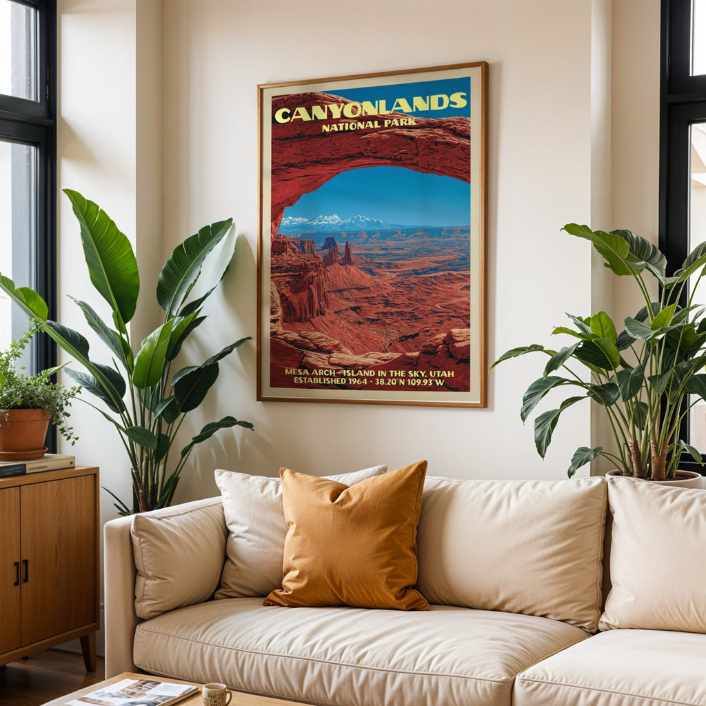 Canyonlands vintage travel print in oak above a cream sofa with a rust cushion and tall houseplants
