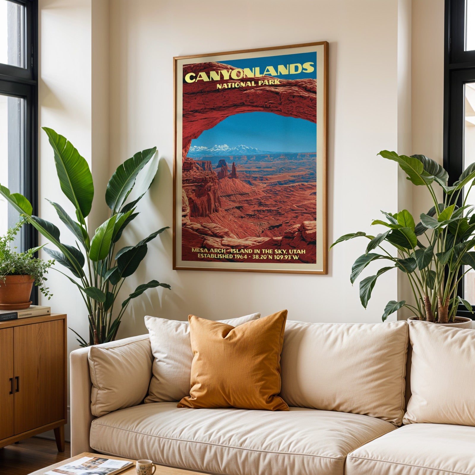 Canyonlands vintage travel print in oak above a cream sofa with a rust cushion and tall houseplants