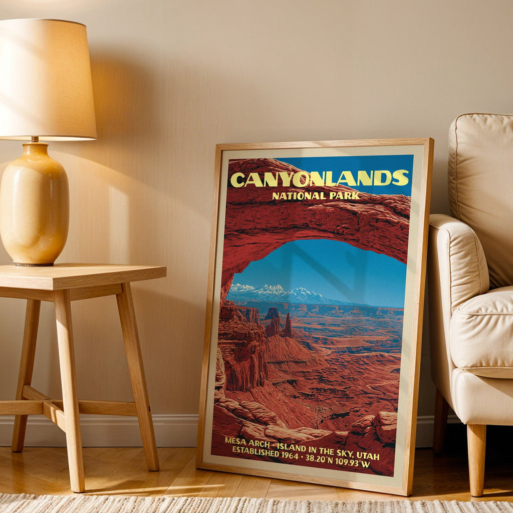 Mesa Arch Canyonlands wall art in oak, leaning by an armchair and a side table with an ochre lamp