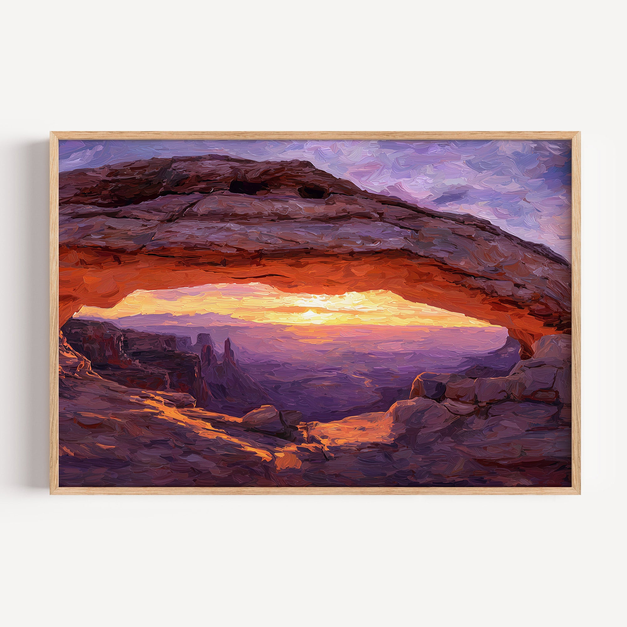 Canyonlands National Park oil painting print in a light oak frame: Mesa Arch glowing at sunrise