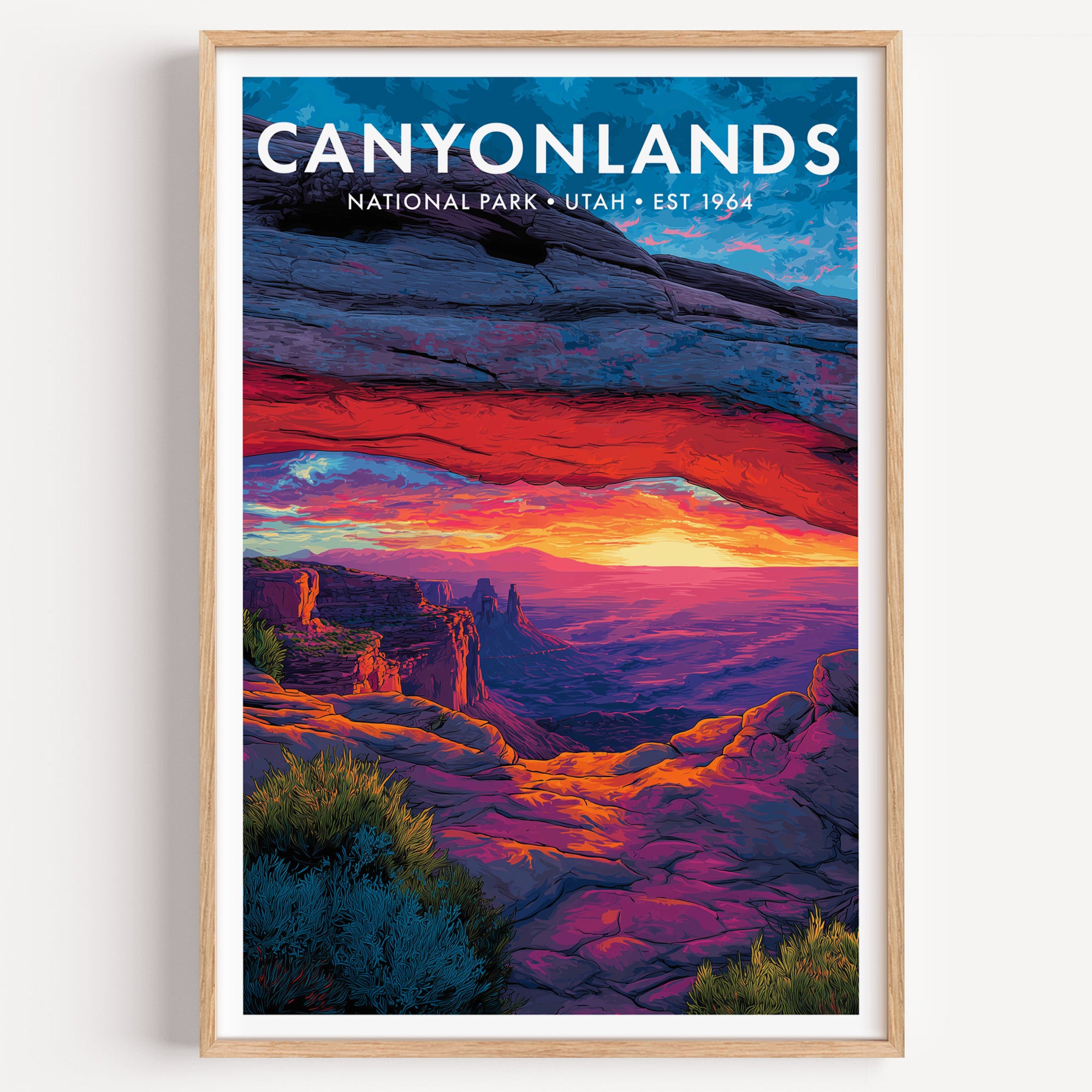 Canyonlands National Park mid-century modern art print — the layered canyon country of Island in the Sky at first light
