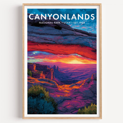 Canyonlands National Park mid-century modern art print — the layered canyon country of Island in the Sky at first light