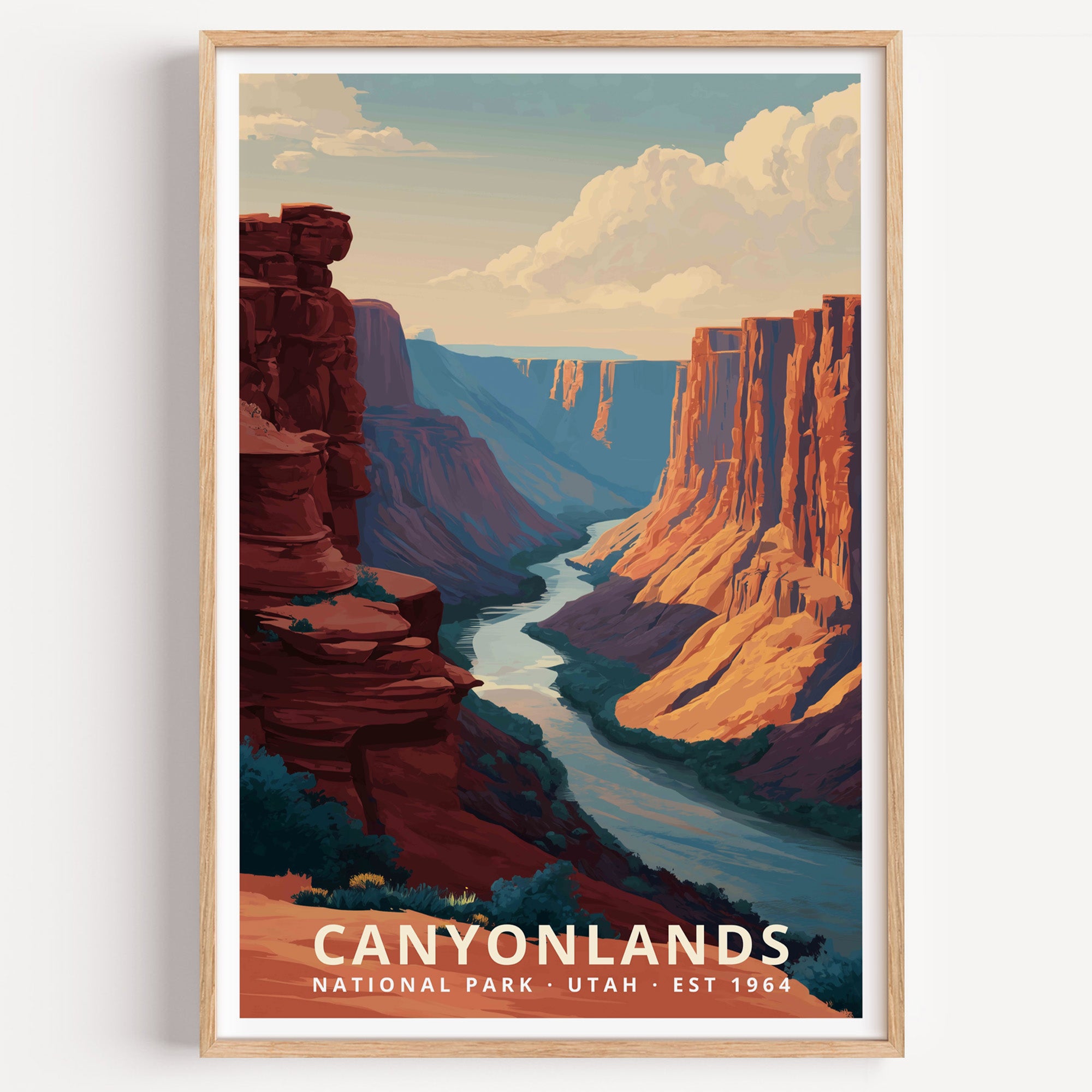 Canyonlands National Park retro travel poster — the Green River winding through layered red and violet canyon country, Utah