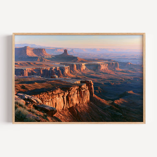 Canyonlands National Park classical oil painting print in an oak frame: mesas and buttes at sunset