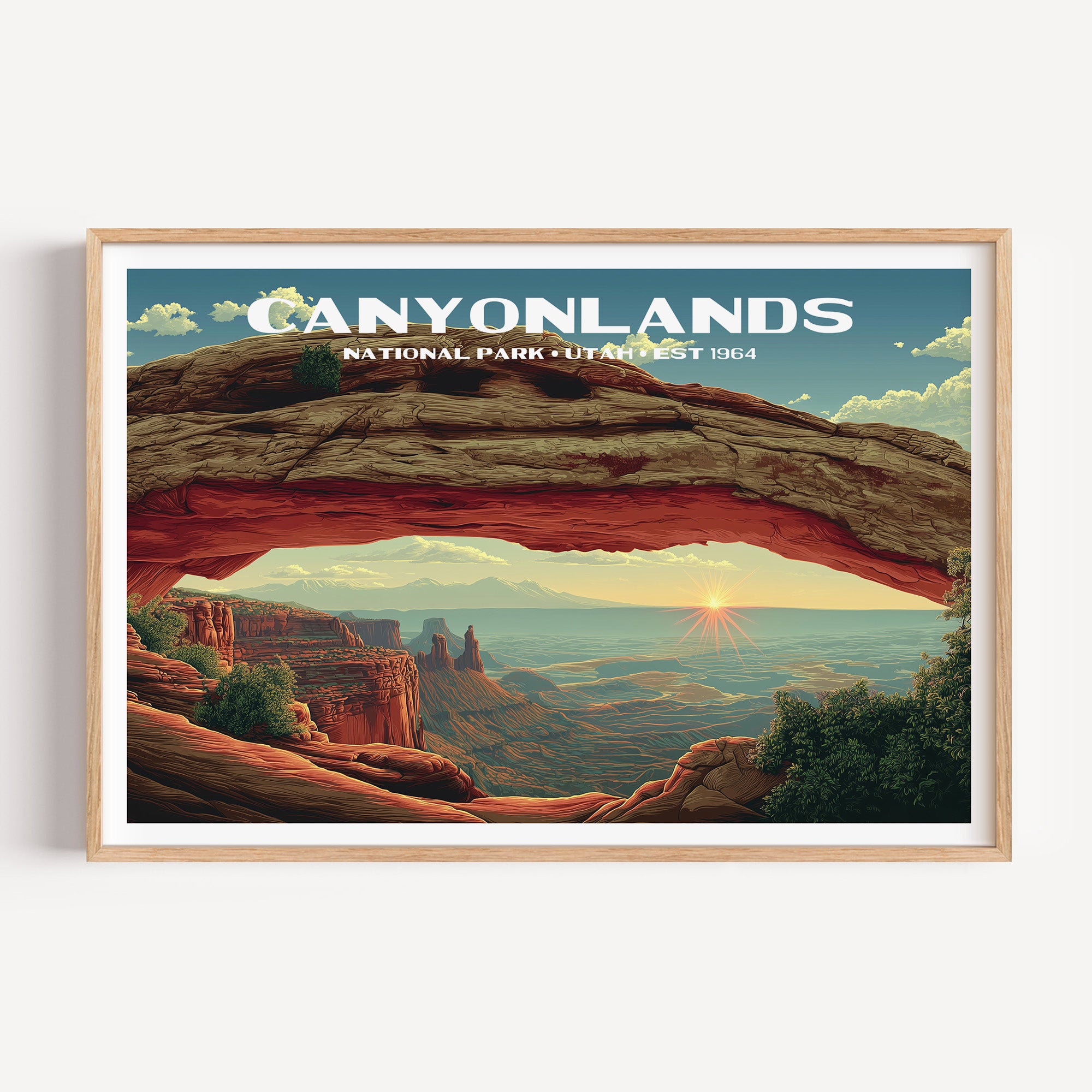 Sunrise through Mesa Arch over the canyon country and distant La Sal Mountains — Canyonlands National Park vintage WPA travel poster print