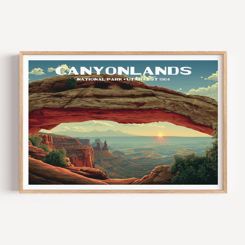 Sunrise through Mesa Arch over the canyon country and distant La Sal Mountains — Canyonlands National Park vintage WPA travel poster print