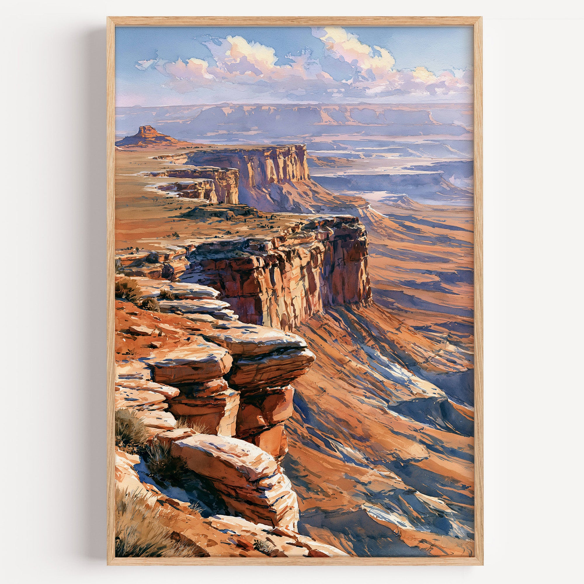 Canyonlands National Park watercolor art print: layered sandstone mesas and the White Rim under tall cumulus clouds