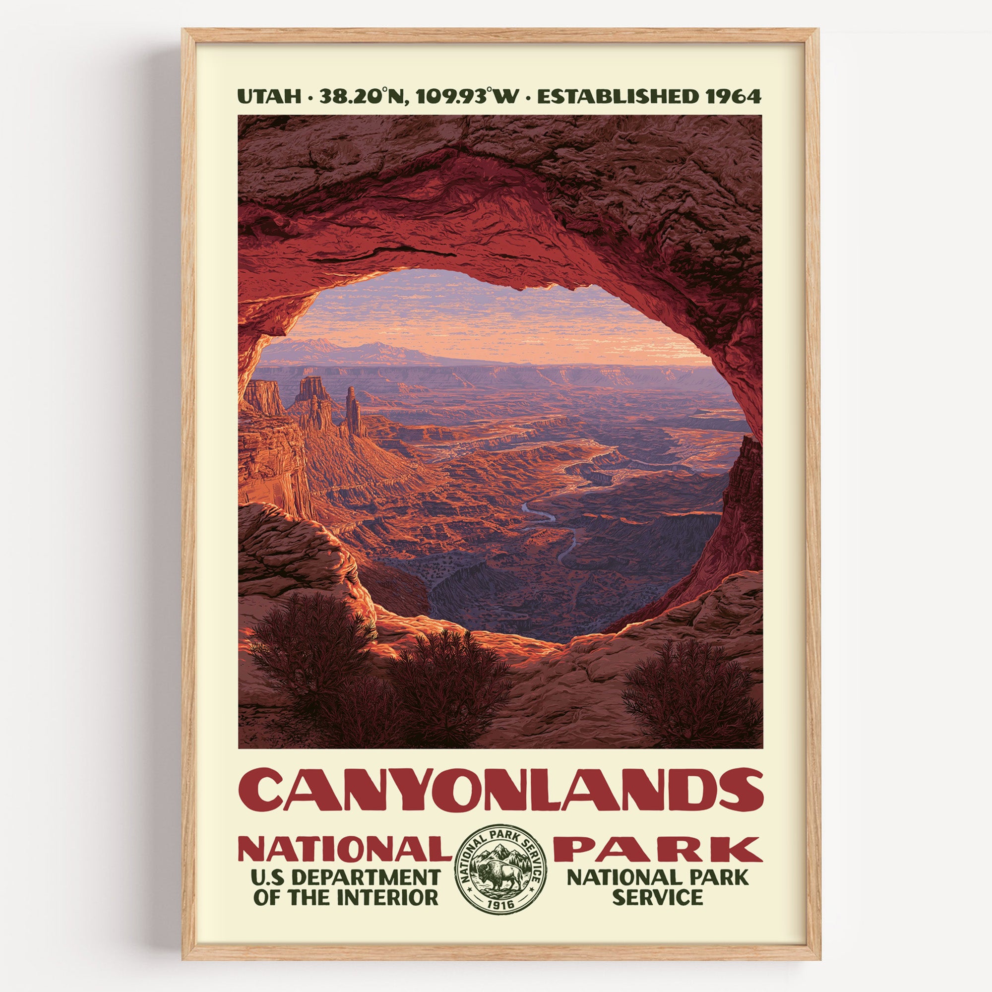Canyonlands National Park vintage WPA poster in a wood frame, Mesa Arch framing a sunrise over the canyon country