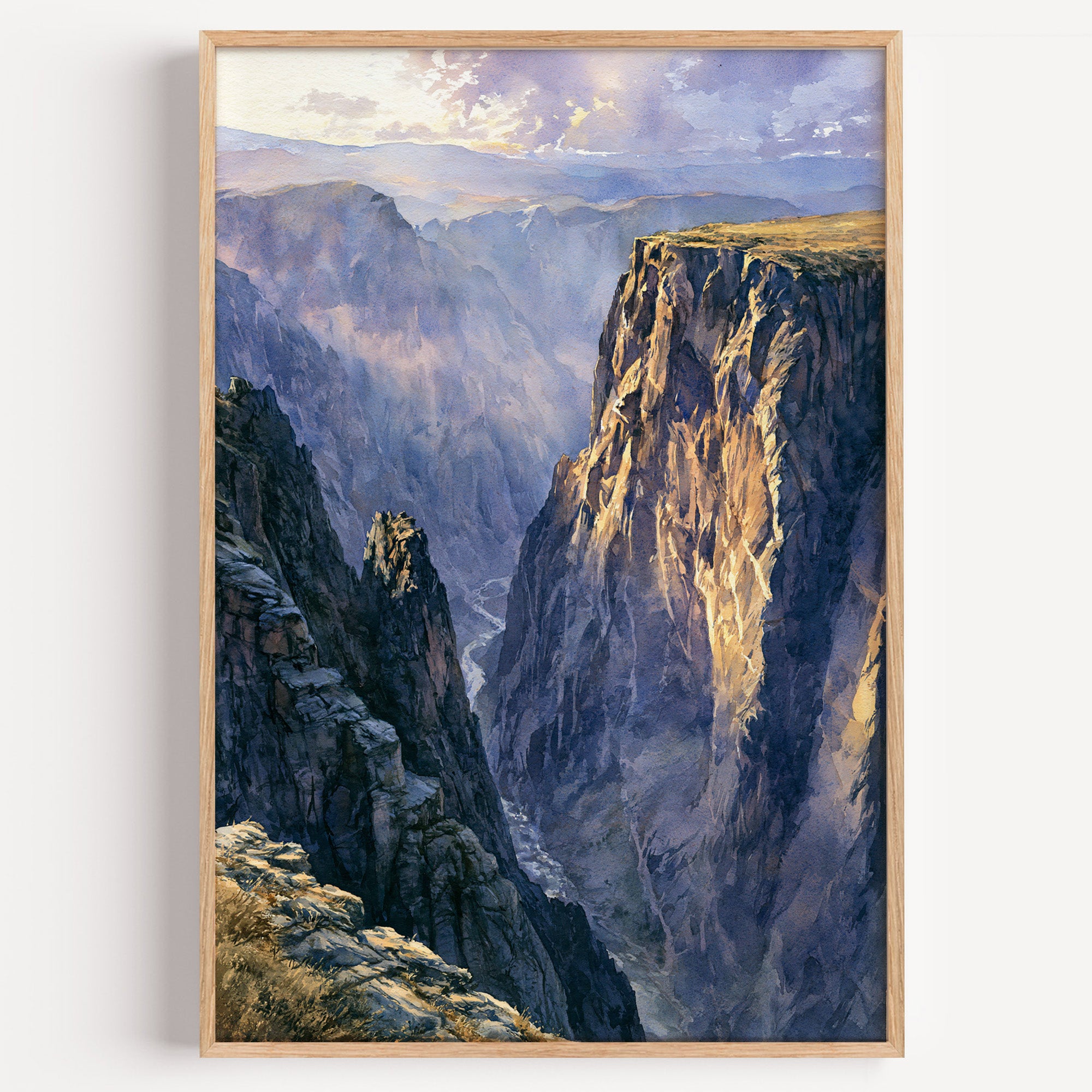 Black Canyon of the Gunnison watercolor art print: sunlit canyon rim above sheer violet walls and the river below