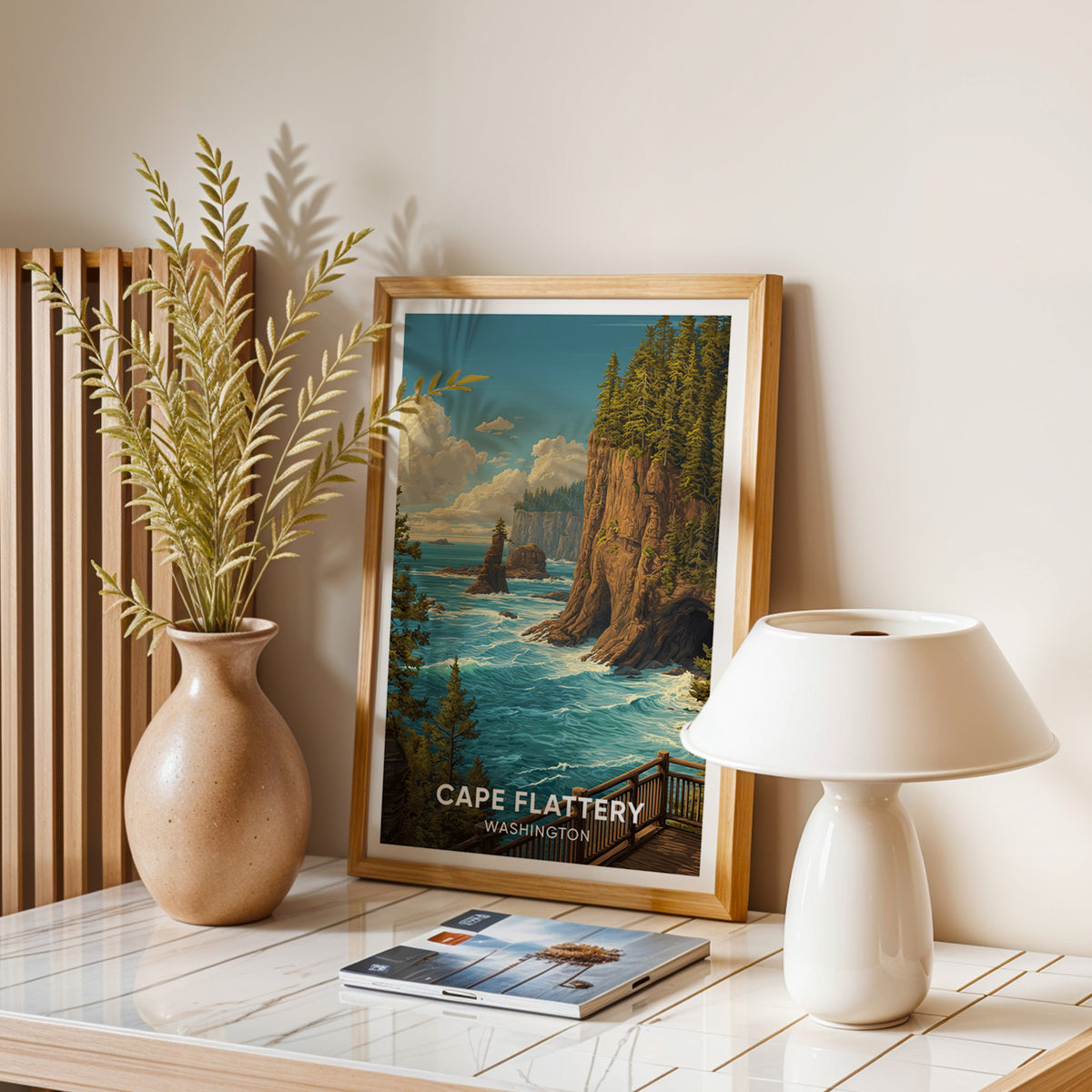 Cape Flattery canvas print in oak on a stone table with a ribbed vase and a white mushroom lamp