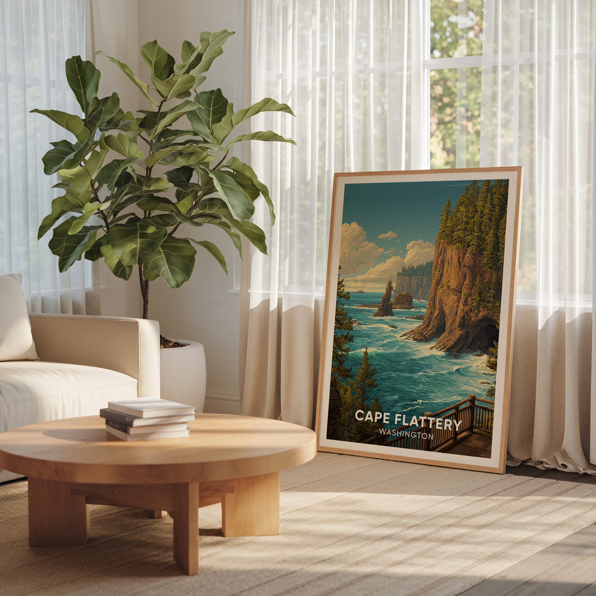 Washington coast boardwalk print in an oak frame near a curtained window with a fiddle-leaf plant