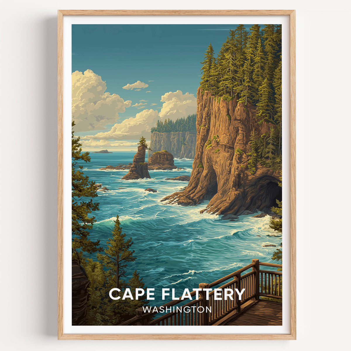 Cape Flattery travel poster in an oak frame on a white wall, sea caves and stacks off a spruce cliff