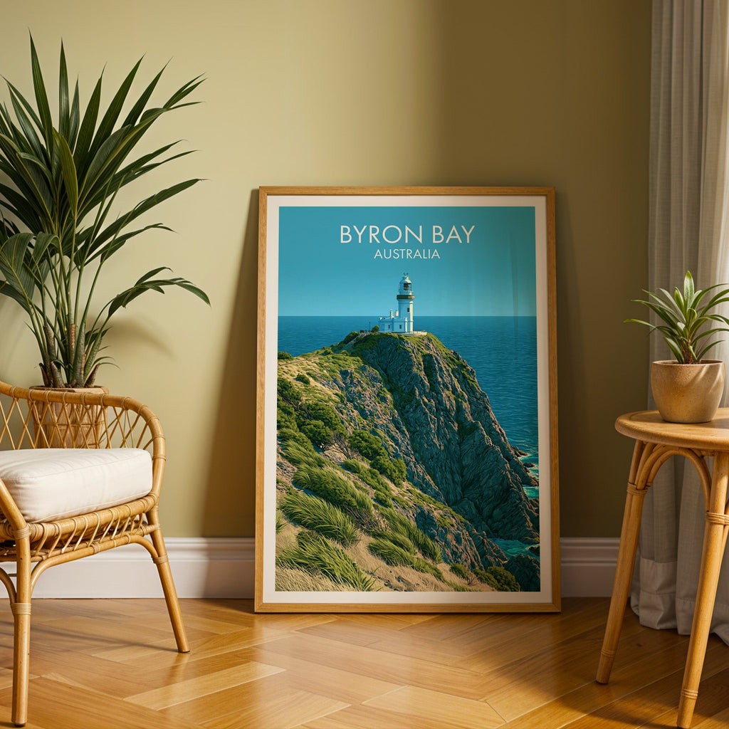 Lighthouse and coast print in an oak frame on herringbone parquet with a rattan chair and olive wall