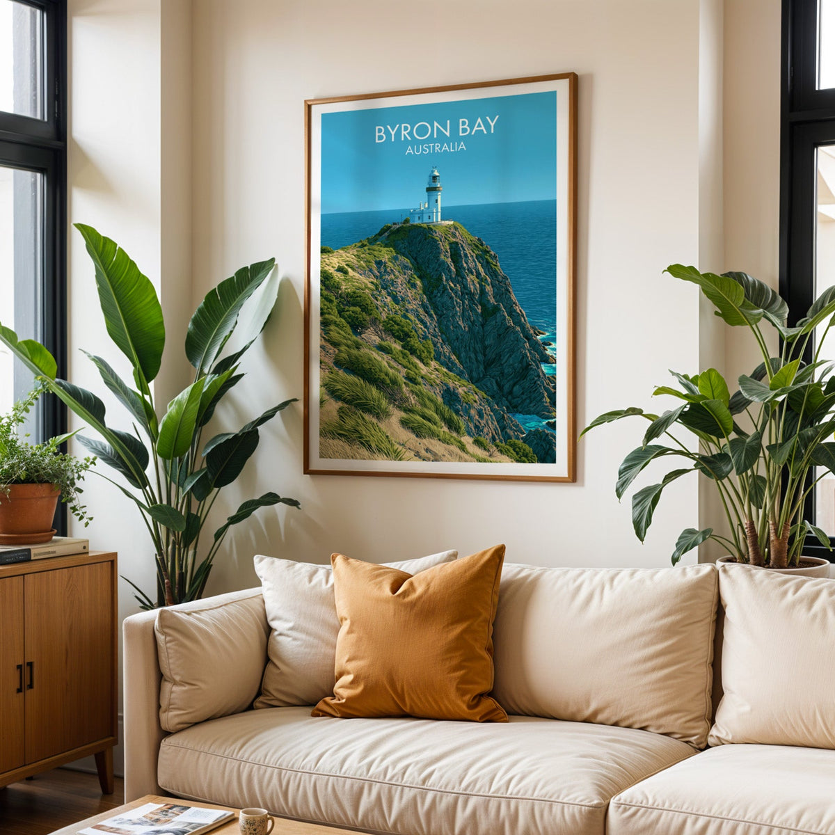 Cape Byron Lighthouse poster in an oak frame above a cream sofa with a burnt-orange cushion and tropical plants
