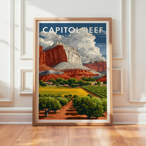Capitol Reef National Park mid-century modern art print in a light oak frame leaning against a panelled white wall on a warm wood floor