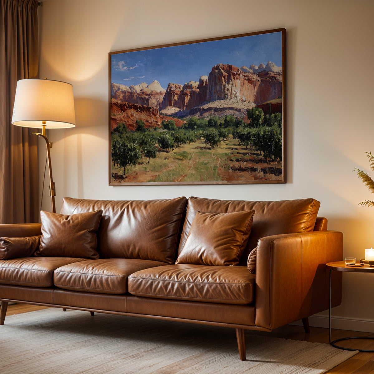 Capitol Reef oil painting print in an oak frame above a wood credenza on a warm taupe wall