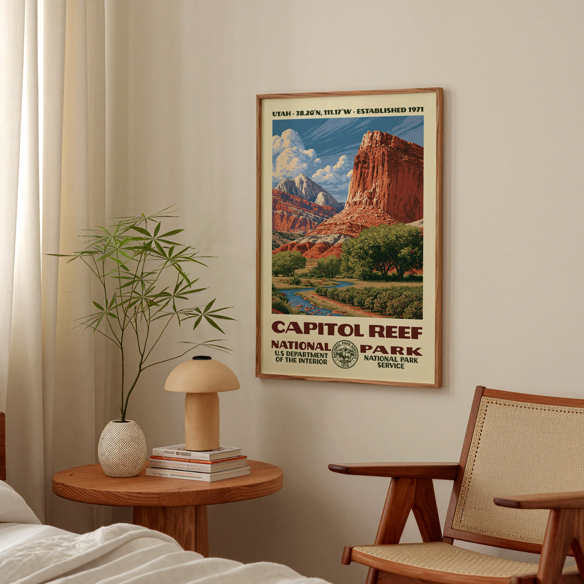 Capitol Reef National Park vintage WPA print hanging above a side table in a calm bedroom corner
