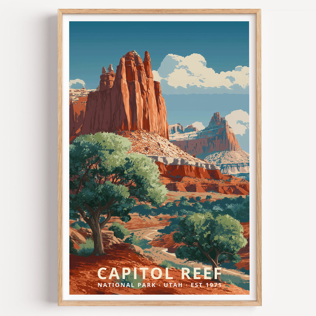 Capitol Reef National Park retro travel poster — red sandstone domes and cliffs above a green orchard valley, Utah