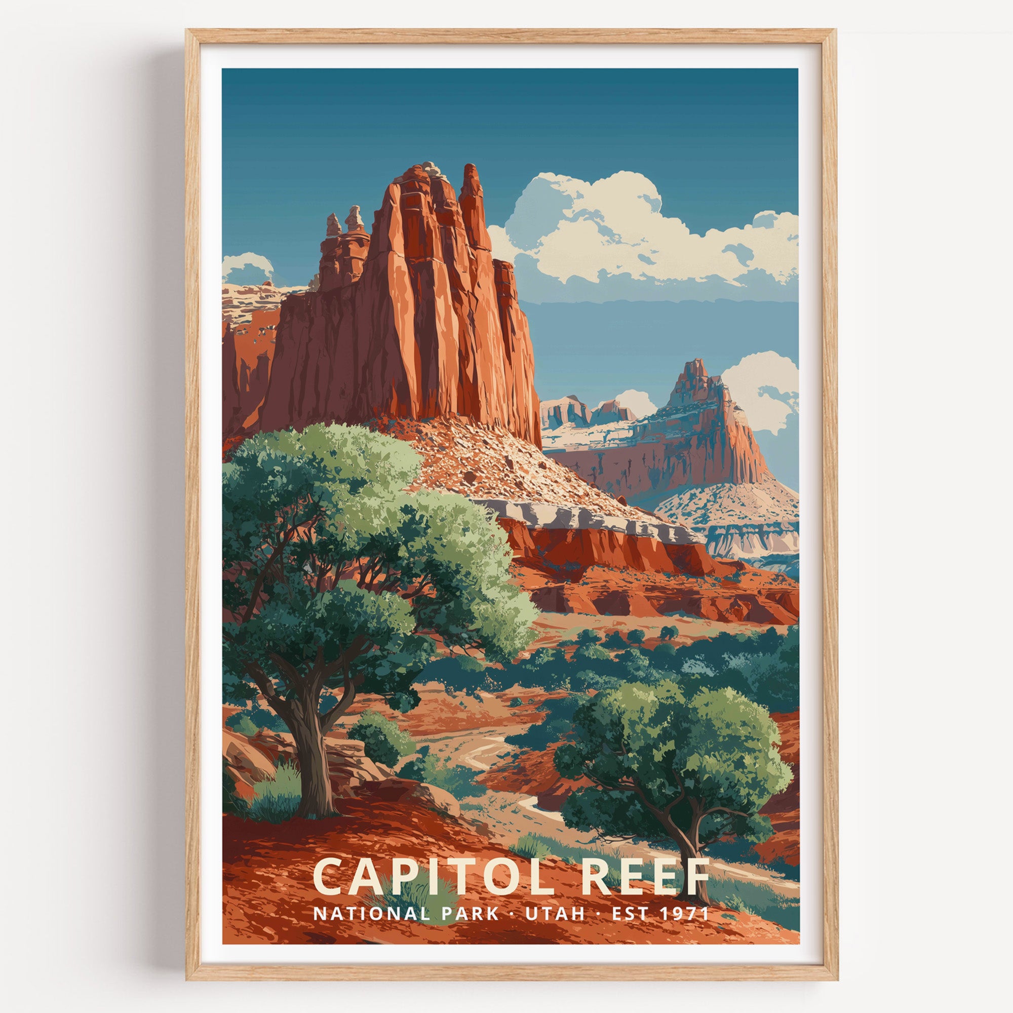 Capitol Reef National Park retro travel poster — red sandstone domes and cliffs above a green orchard valley, Utah