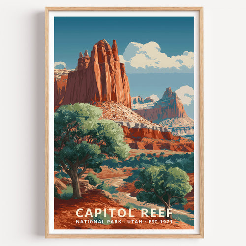 Capitol Reef National Park retro travel poster — red sandstone domes and cliffs above a green orchard valley, Utah
