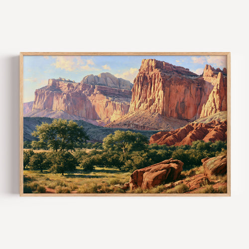 Capitol Reef National Park classical oil painting print in an oak frame: red cliffs above an orchard
