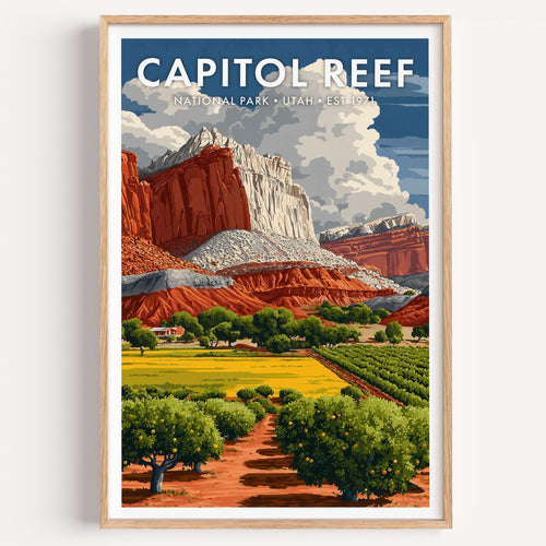 Capitol Reef National Park mid-century modern art print — white sandstone domes above red cliffs and the Fruita orchards