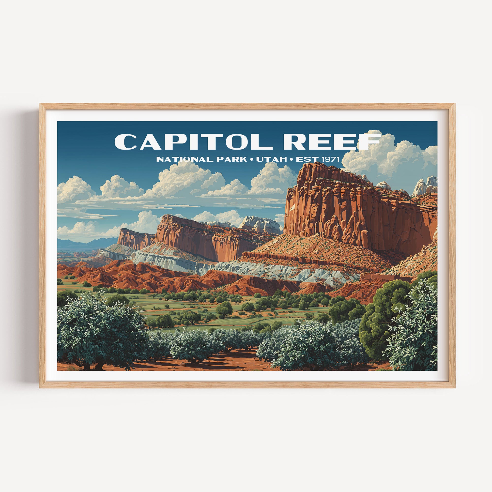 Red Waterpocket Fold cliffs and white domes above the green Fruita orchards — Capitol Reef National Park vintage WPA travel poster print