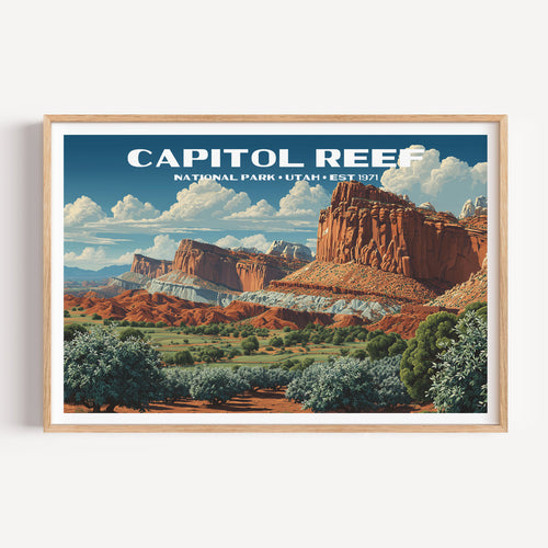 Red Waterpocket Fold cliffs and white domes above the green Fruita orchards — Capitol Reef National Park vintage WPA travel poster print