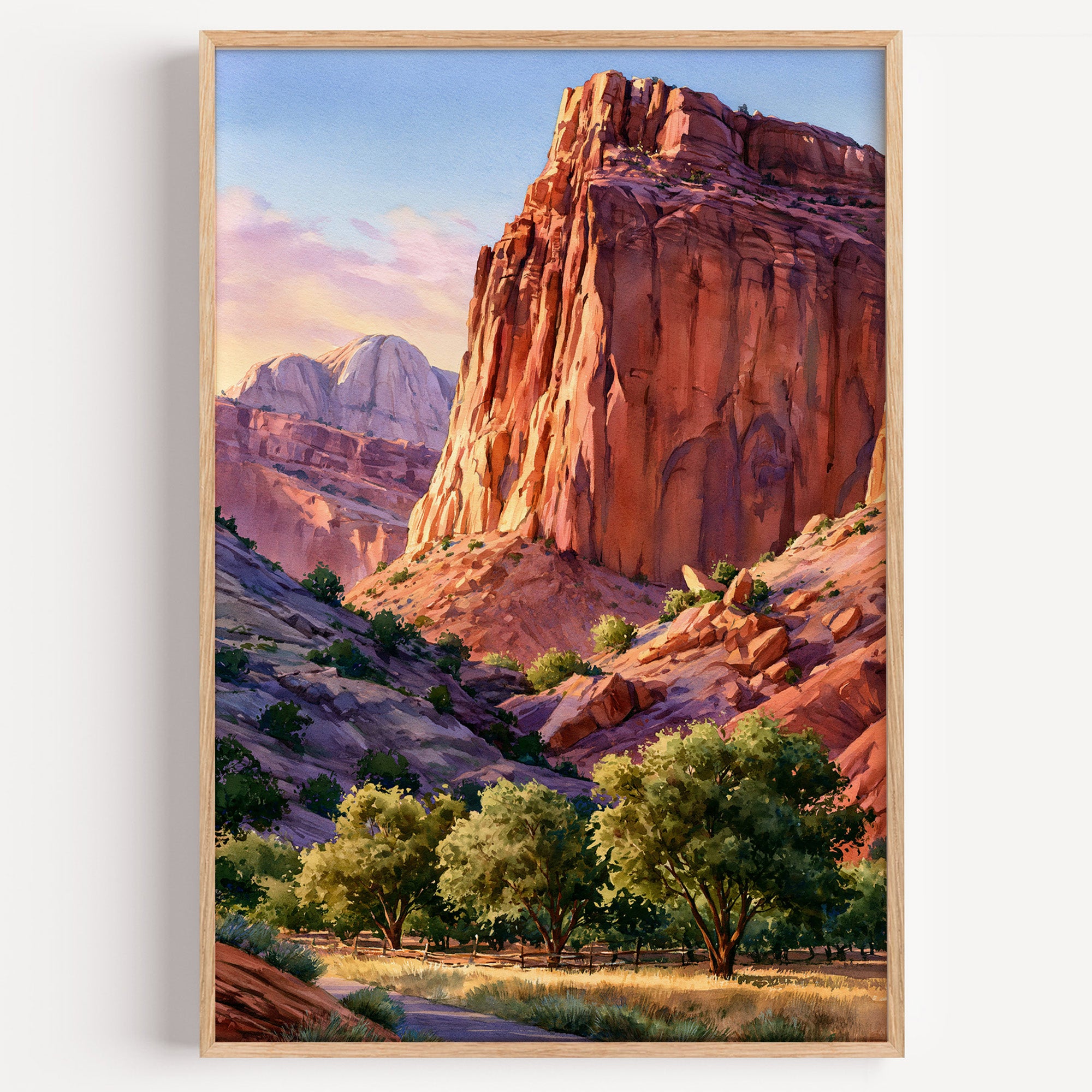 Capitol Reef National Park watercolor art print: red Waterpocket Fold cliffs above the green Fruita orchards