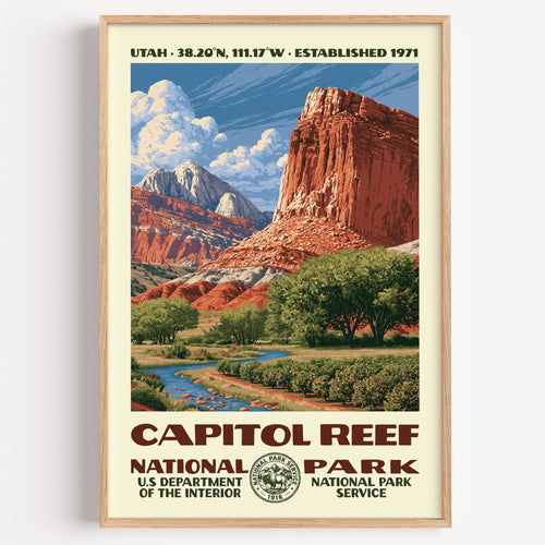 Capitol Reef National Park vintage WPA poster in a wood frame, the striped cliffs of the Waterpocket Fold