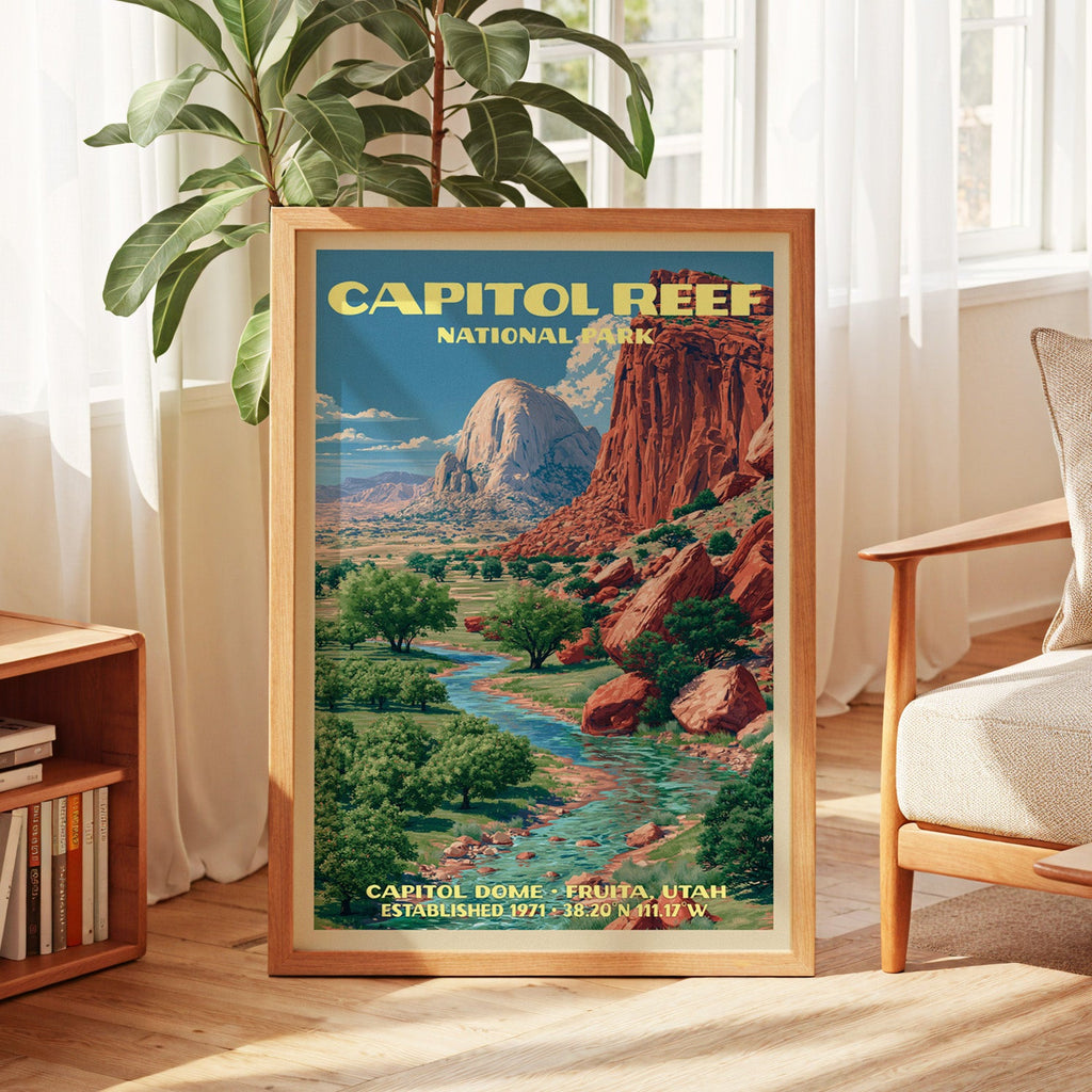 Capitol Reef vintage poster in oak, leaning by a sunlit window with sheer curtains and a low bookshelf