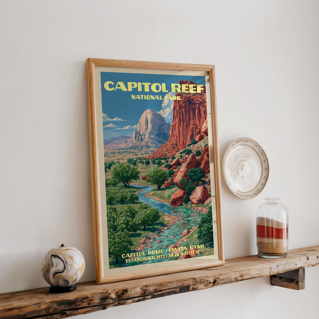 Capitol Reef Capitol Dome print in oak, leaning on a reclaimed wood ledge with a marbled sphere and sand jar