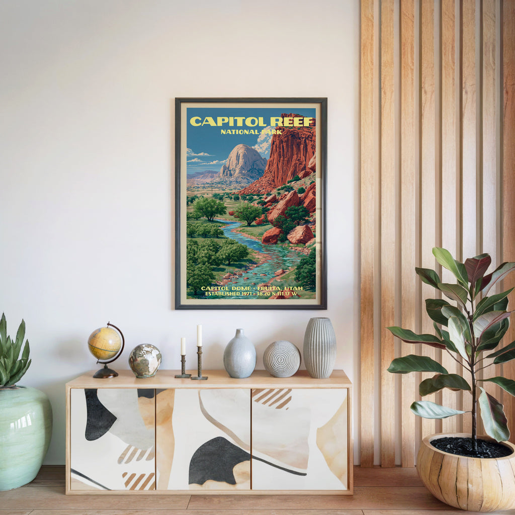 Capitol Reef National Park poster in a black frame above a light wood sideboard by a slatted wall panel