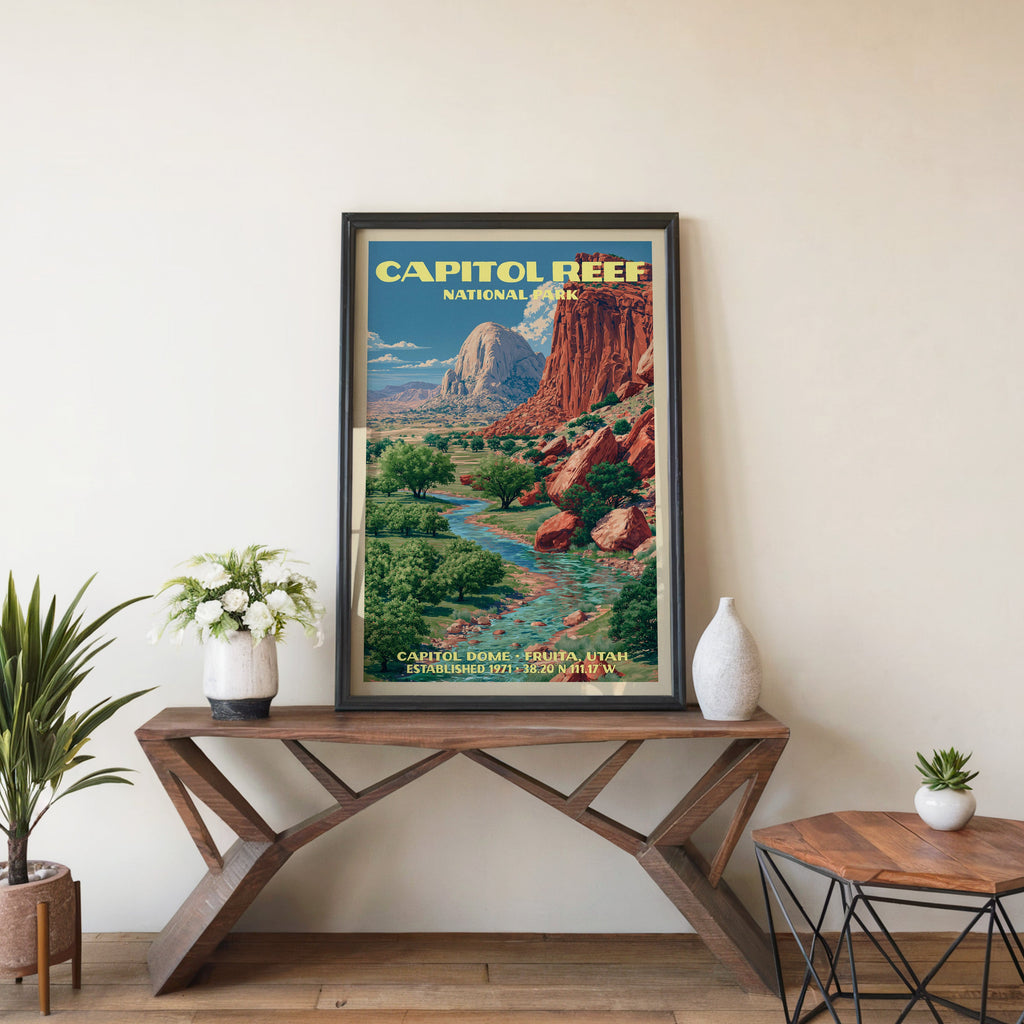 Capitol Reef Capitol Dome wall art in black, leaning on a walnut console with white anemones and a vase
